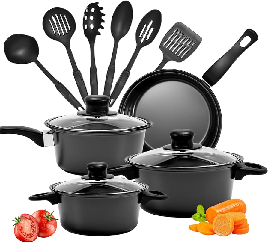 *ESPECTACULAR SET DE 13 PIEZAS DE COCINA - 3 ollas antiadherentes + 3 tapas + 1 sartén antiadherente + 5 utensilios de cocina.